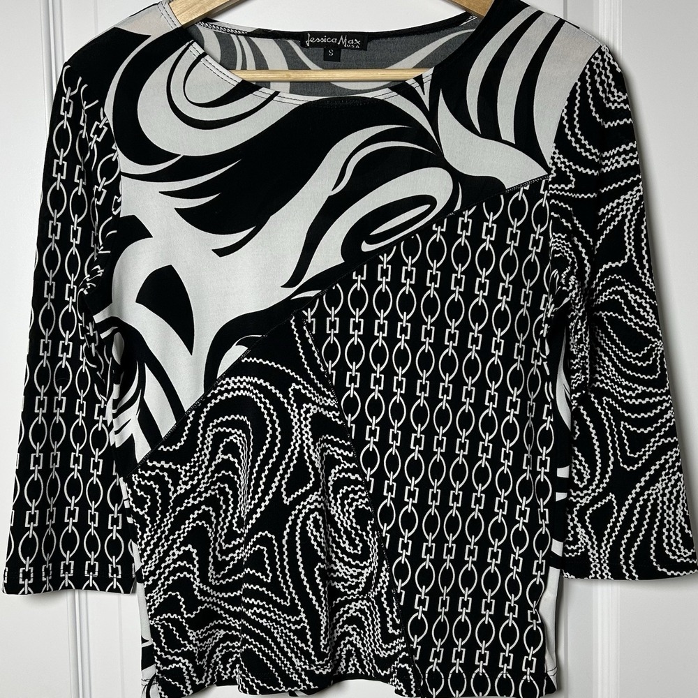 Jessica Max Vintage Made in USA Black and White Multi-Patterned Patchwork‎ Top